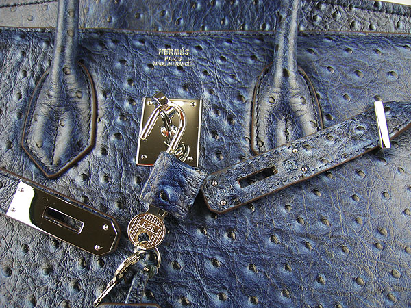 High Quality Fake Hermes Birkin 35CM Ostrich Veins Handbag Dark Blue 6089